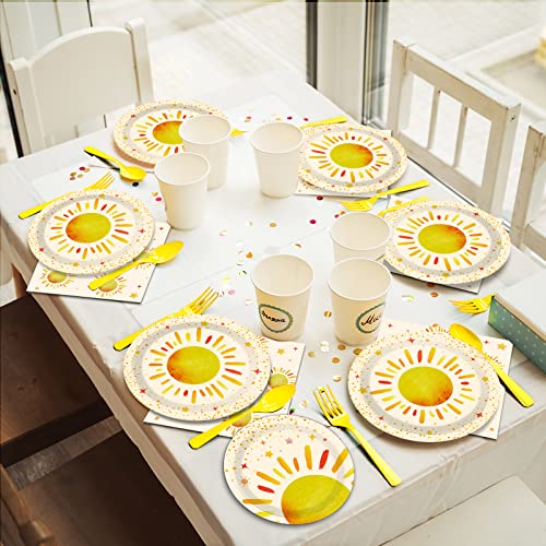 96 Pieces First Trip Around The Sun Decorations Sunshine Birthday Party Plates Boho Sun Disposable Plates Napkins Folks Paper Tableware Set for 1st Trip Around The Sun Birthday Girls Boys Supplies - style: Boho Sun