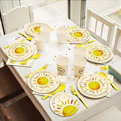 96 Pieces First Trip Around The Sun Decorations Sunshine Birthday Party Plates Boho Sun Disposable Plates Napkins Folks Paper Tableware Set for 1st Trip Around The Sun Birthday Girls Boys Supplies - style: Boho Sun