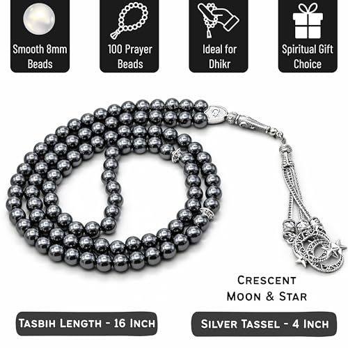 Amazing Gemstone Hematite Tasbeeh with Moon and Star Charm - Certified Crystal Muslim Prayer Beads Natural Gemstone Tasbih Gift for Ramadan Dhikr and Daily Namaz (S) - color: Hematite