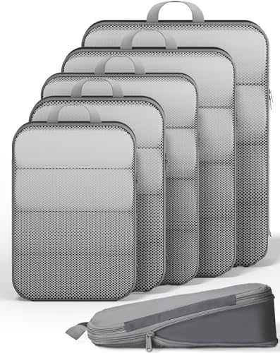 Veken 6/9/11 Set Compression Packing Cubes for Travel Essentials,Compressible Expandable Large Luggage Suitcase Organizer Bags for Clothing,Space Saver Bags with Over 1000 pcs of Mesh Holes(Gray) - color: Gray, size: 6 set
