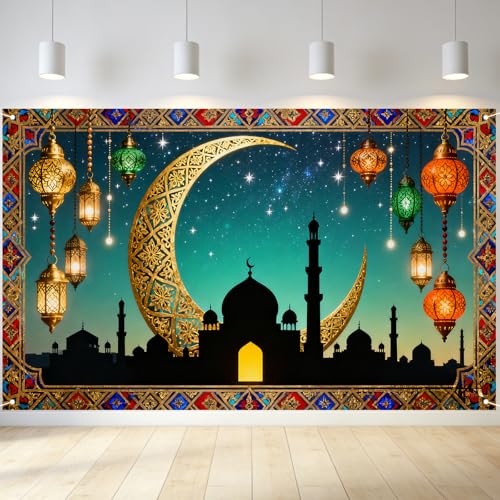 Nuxovilar 라마단 무바라크 초승달 랜턴 배너 폴리에스터 109.2 x 180cm(43 x 71인치) - 모스크, 마당, 야외 장식용 대형 라마단 무바라크 배너 - color: CC01386