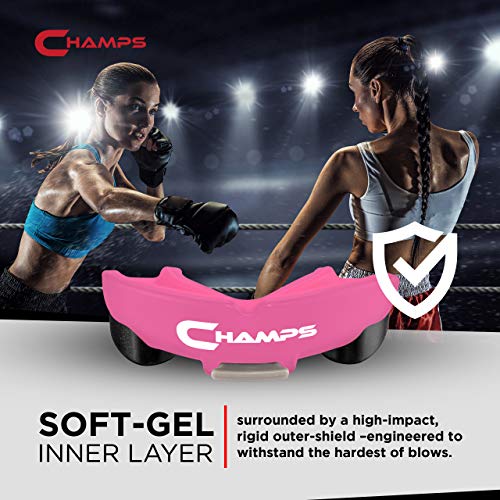 Champs MMA Breathable Mouth Guard for Boxing, MMA, Jiu Jitsu, Muay Thai, Wrestling & Combat Sports – Easy Fit, Boil & Bite Design Mouthpiece – Durable Boxing Mouthguard for Men & Adults, Case Included - color: Pink