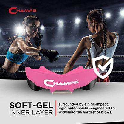 Champs MMA Breathable Mouth Guard for Boxing, MMA, Jiu Jitsu, Muay Thai, Wrestling & Combat Sports – Easy Fit, Boil & Bite Design Mouthpiece – Durable Boxing Mouthguard for Men & Adults, Case Included - color: Pink