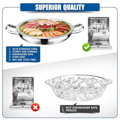 2-Set 12 Inch Shrimp Cocktail Serving Dish with Ice Tray, Cold Chilled Serving Trays, Cooling Platter Charcuterie Board for Appetizer Oyster Salad Buffet Parties, Dishwasher Safe, Stainless Steel - size: 2-Set
