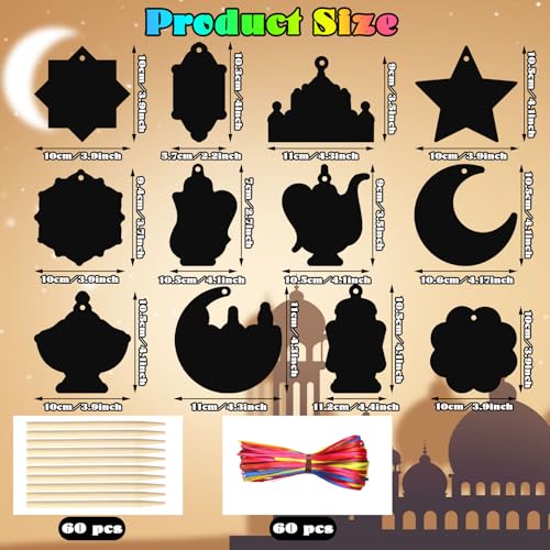 Deekin 120 Pcs Eid Scratch Paper Set Ramadan Crafts Scratch Cards Hanging Ramadan Gifts Eid Magical Party Activities DIY Art Painting Project Supplies