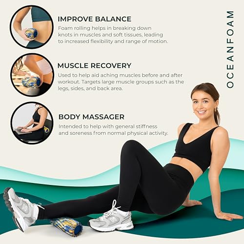 Oceanfoam Ripple Travel Foam Roller (11" x 3.35") Firm Mini Foam Roller for Physical Therapy, Deep Tissue Massage, Back Pain, High Density, Wave Textured, Yoga, Exercise (Royal Gold & Natural Marbled) - color: Royal, Gold & Natural Marbled