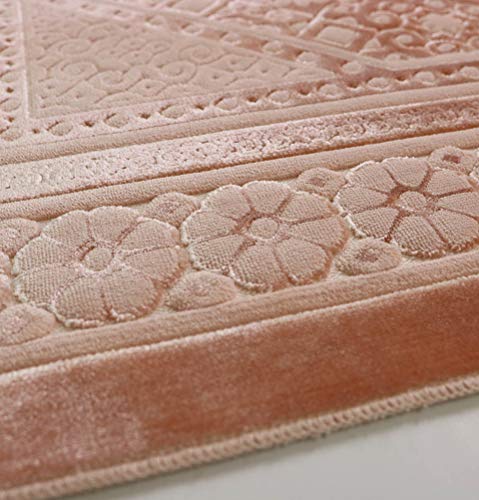 Modefa Velvet Prayer Rug with Prayer Beads Turkish Janamaz Sajadah Floral Stamp Luxury Plush (Light Pink) - color: Light Pink
