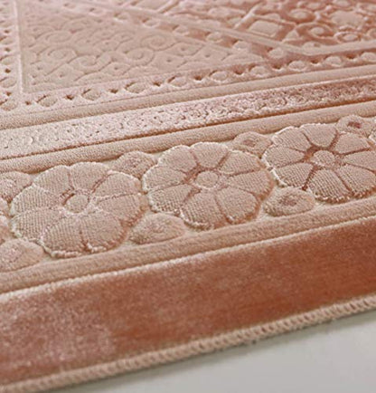 Modefa Velvet Prayer Rug with Prayer Beads Turkish Janamaz Sajadah Floral Stamp Luxury Plush (Light Pink) - color: Light Pink