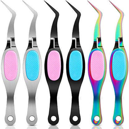 Honoson 6 Pcs Reverse Craft Tweezers Crossing Lock Curved Tweezers for Crafting, Stainless Steel Soft Grip Precision Reverse Grip Tweezer Fine Tip Tweezer for Stickers DIY Jewelry Beading Nail