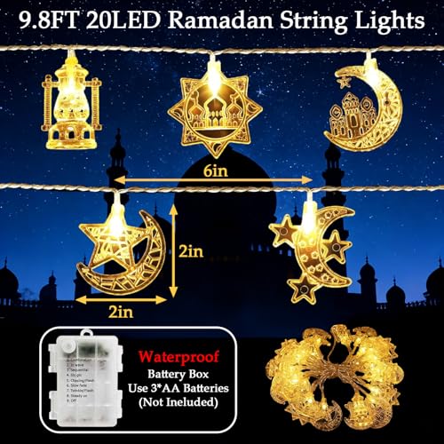 Ramadan String Lights, 9.8ft 20LEDs Moon Star Ramadan Lights with Remote Control, 8 Lighting Modes & 2 Brightness Levels, Ideal for Eid Ramadan Mubarak Decorations for Home Indoor Outdoor