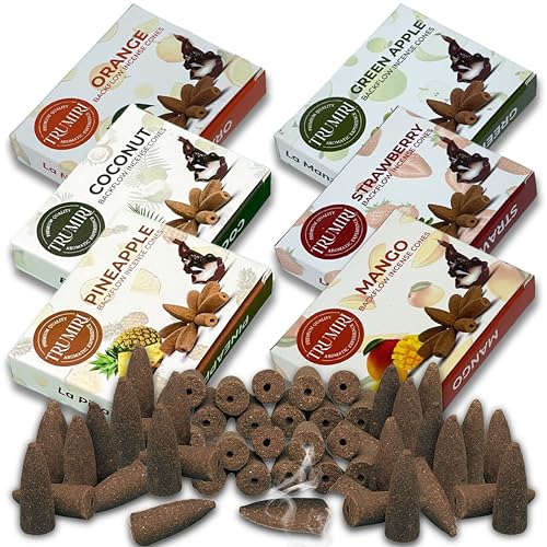 Fruity - Backflow Incense Cones for Waterfall - Scented Inscents-Cones - Pineapple, Strawberry, Coconut, Mango, Apple, Orange - Insiensos Aromaticos - 6x10=60 Large Variety Pack - color: Fruity