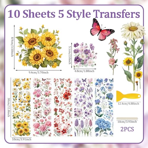 WANDIC 10 Sheets Rub On Transfer Sticker, Mixed Flower Stickers for DIY Scrapbooking Photo Albums Furniture,11.8 * 3.9in - color: Sunflower