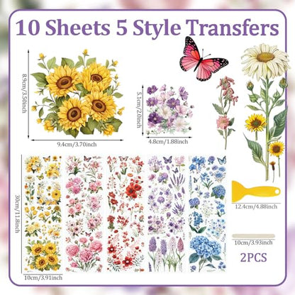 WANDIC 10 Sheets Rub On Transfer Sticker, Mixed Flower Stickers for DIY Scrapbooking Photo Albums Furniture,11.8 * 3.9in - color: Sunflower