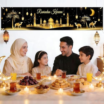 BlissYard Ramadan Decorations Banner Eid Mubarak Kareem Islamic Decor Long Mosque Moon Star Home Party Backdrop Reusable Polyester Wall Hanging 78x17 Inch Muslim Holiday Display