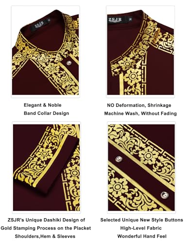 Mens African 2 Piece Set Nigerian Dashiki Metallic Traditional Suit Gold Stamp Printed Shirt and Pants Outfit - color: Wine Red, size: X-Large