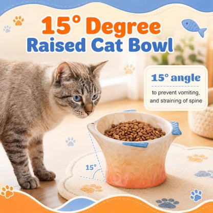 Tioncy 2 Pcs Raised Tilted Ceramic Cat Food Bowl Fish Shape Cute Elevated Slanted Shallow Angled Cat Dish Non Slip Feeder Bowl for Anti-Vomiting and Fatigue (Pink,Orange) - color: Pink,Orange