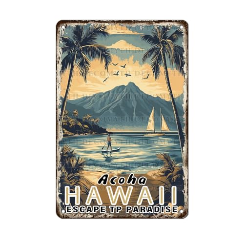 Vintage Tin Sign Aloha Hawaii Tin Sign for Cafes Bar Club Wall Decor 12 * 8inch - color: Beach8, size: 20X30cm(12*8in)