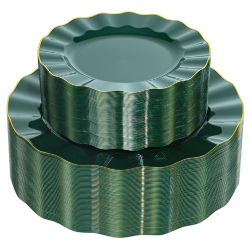 120PCS Dark Green Plastic Plates, Wavy Plates with Gold Rim - color: Green, size: 120PCS