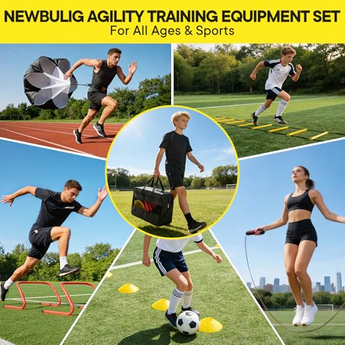 Agility Ladder Speed Training Equipment Set, 4 Adjustable Hurdles | 20 ft Ladder, 12 Cones, Jump Rope, Resistance Parachute, Soccer, Basketball, Football Practice Equipment for Youth, Adults