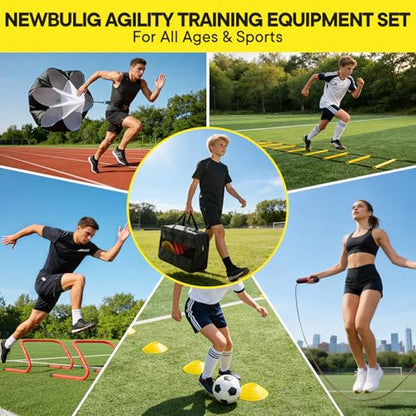 Agility Ladder Speed Training Equipment Set, 4 Adjustable Hurdles | 20 ft Ladder, 12 Cones, Jump Rope, Resistance Parachute, Soccer, Basketball, Football Practice Equipment for Youth, Adults