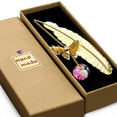 Vintage-Style Metal Feather Bookmark with Butterfly Charm Mothers Day Gifts - color: Golden.pink White Flower