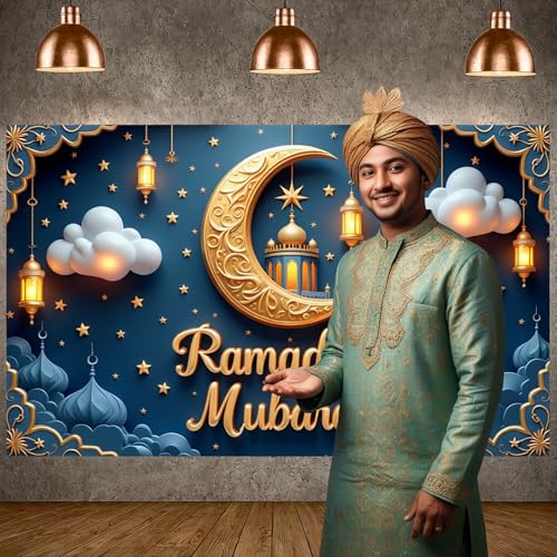 Ramadan Islamic Festival Crescent Moon Lantern Decoration Mosque Scene Mubarak Display Crescent Moon Starry Pattern Banner Islamic For Home Decoration Mosque Event