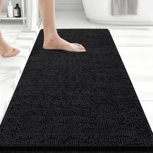 Bcoimo Bath Rug Mat, 44x24 Chenille Non Slip Black Long Bathroom Runner Rug - color: Black, size: 44x24