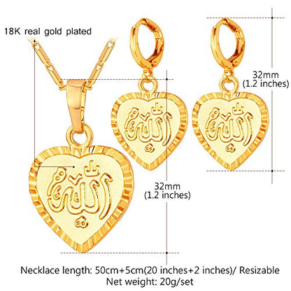 U7 Allah Necklace for Women/Men, 18K Gold Plated Square/Oval/Coin/Heart/Crescent Moon Islamic Pendant Necklace Muslim Jewelry with Chain - color: 07.Heart Necklace+Earrings Gold