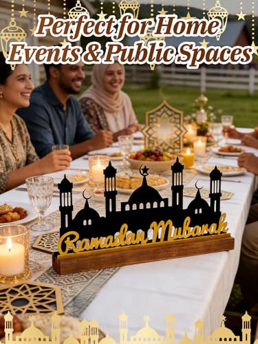 Enlarged 15.7in Metal Ramadan Mubarak Table Sign - Eid Decorations for Home, Black Palace with Gold Letters, Muslim Dinner Centerpieces for Islamic Gifts Parties Kitchen - style: Golden Letters