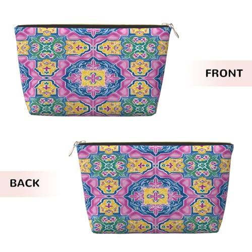 Leather Makeup Bag for Purse, Waterproof Small Toiletry Bag with Zipper, Cute Cosmetic Bags for Women, Pink Blue Islamic Pattern Travel Pouch - color: Pink Blue Islamic Pattern