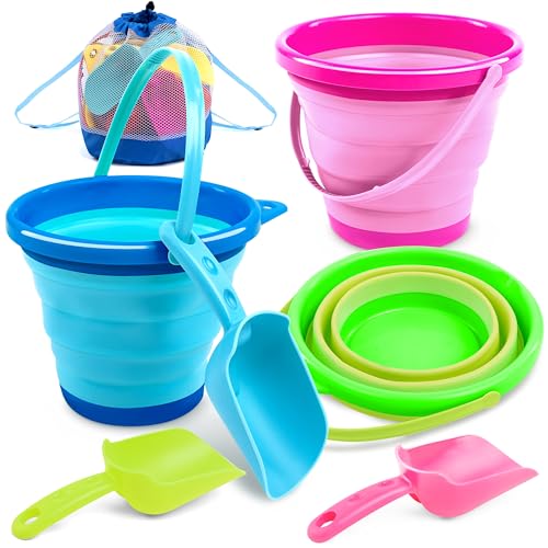 JOYIN 3 Packs Foldable Pail Bucket with Shovels & Mesh Bag, Collapsible Buckets Multi Purpose for Beach, Camping Gear, Beach Party, Fishing, and Fun Summer Activities (Blue/Pink/Green) - color: Blue/Pink/Green