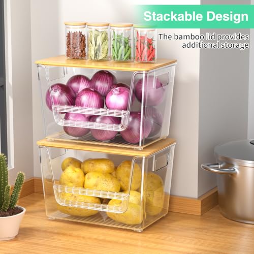 2 Set Pantry Organizers,Stackable Potato and Onion Storage Bins with Bamboo Lids,Trash Bag Dispenser for 4-13 Gal Bags,kitchen Countertop Organizer for Produce or Snacks