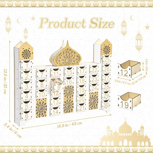 Wooden Ramadan Countdown Calendar, Eid Mubarak Advent Calendar with Drawer, Mosque Shaped Fillable Muslim Ramadan Decoration for Home Holiday Tabletop Decor Gift Party Supply