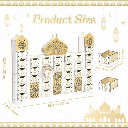 Wooden Ramadan Countdown Calendar, Eid Mubarak Advent Calendar with Drawer, Mosque Shaped Fillable Muslim Ramadan Decoration for Home Holiday Tabletop Decor Gift Party Supply