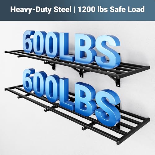 FLEXIMOUNTS 2-Pack 2x6ft Heavy Duty Garage Wall Shelving, 1200lbs Capacity, Garage Shelving Wall Mounted with 8 Hooks, Storage for Power Tools, Garden Supplies, Storage Bins, Lite Series - size: 2pack 2x6ft w/ 8 hooks-1200lbs
