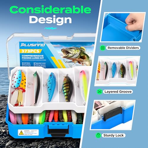 PLUSINNO Bass Fishing Lures Tackle Box Gear Kit with Tackle Included | Waterproof, Compact & Customizable, Bass Trout Fishing Gear Kit, Freshwater Topwater, 16 Rigs, Fishing Gifts for Men Starter - color: Blue 373 PCS Lures Box