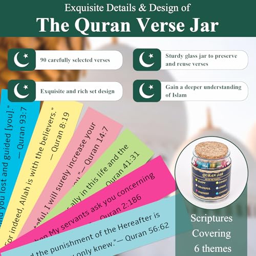 Quran Verse Jar with 90 Pcs English Verse Paper Ramadan Gifts Eid Decor Quran Prayer Jar Muslim Gift Set for Islamic New Year Decoration Muslim Women Kids Friends Spiritual Comfort Read : Home & Kitchen