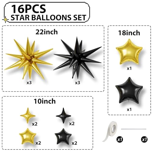 Black Gold Star Balloons,16Pcs 22/18/10 Inch Birthday New Year Decorations - color: Black Gold
