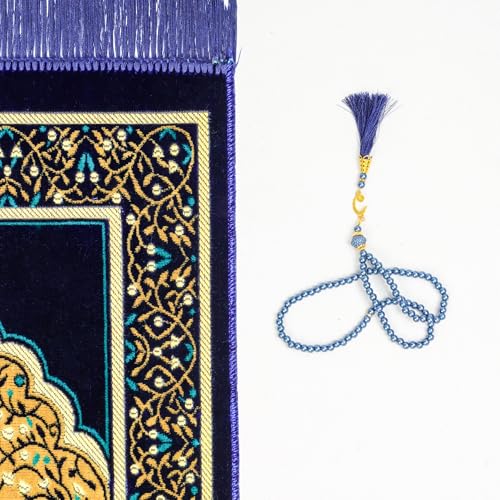 Muslim Prayer Rug, Soft Plush Thin Islamic Prayer Mat, Janamaz, Sajada, Praying Carpet, Islamic Gift for Men & Women, Islamic Mat, Navy, Eid & Ramadan Gift with Prayer Beads, 26x43 inch - color: Navy-sacred
