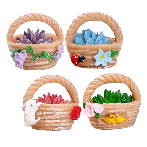 4 Pieces Mini Succulent Plant Resin Ornaments - Cute Car Dashboard Figurines Flower basket Set - Fairy Garden，Birthday Cakes Decoration，DIY Aquarium Moss Layout Desktop Landscape Accessories