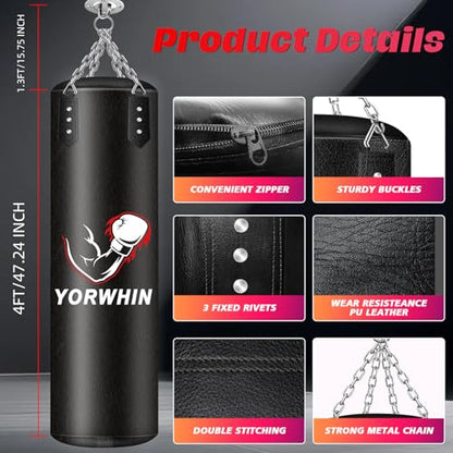 Filled Punching Bag for Adults, 4FT PU Leather Hanging Boxing Bag with 11lb Sponge Filler & 12OZ Boxing Gloves, Heavy Kicking Bag Boxing Equipment for MMA Training Karate Kickboxing - style: Boxing Arms