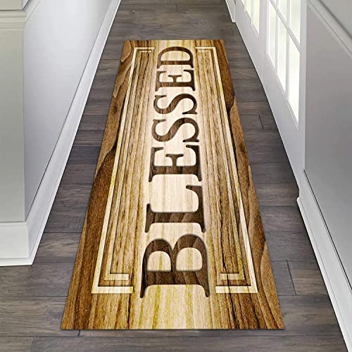 JUST BREATHE Rustic Wood Runner Rug Blessed Signs for Christian Pray Christmas Decor Area Rugs Farmhouse Brown Living Room Non Slip Kitchen Mat Bath Carpet Runner for Hallway Laundry 60"x24"