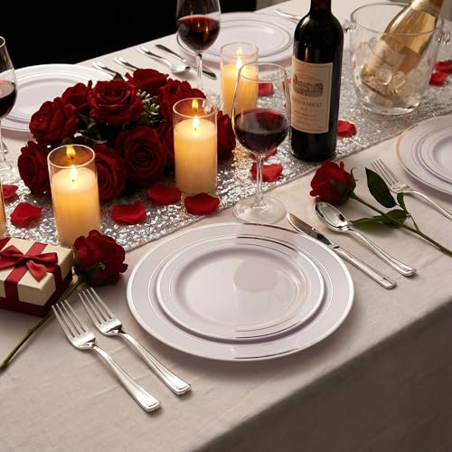Supernal 200pcs Silver Plastic Dinnerware Sets for 25 Guests included Silver Silverware Set & Plastic Plates heavy duty Disposable Cups and Paper Napkins Disposable for Party Birthday and Wedding - color: 200pcs White and Silver Plastic Dinnerware