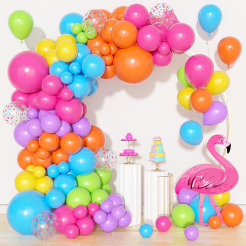Amandir 153pcs Summer Tropical Balloon Arch Garland Kit Different Sizes 18 12 10 5inch Hot Pink Green Blue Yellow Purple Orange Rainbow Balloons for Hawaiian Luau Aloha Birthday Pool Party Decorations - color: Hot Pink