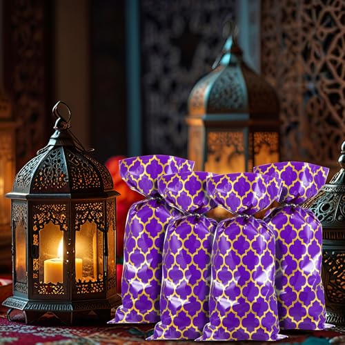 Tenare 100 Pcs Arabian Purple Gold Cellophane Treat Bags with Twist Ties Plastic Candy Goodie Gift Wrap Princess Arabian Nights Party Decorations for Halloween Bakery, Birthday, Wedding, Party Favors