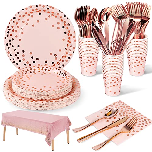 Nkaiso 141Pcs Pink Rose Gold Paper Plates and Napkins Party Supplies for20 - color: Pink and Rose Gold