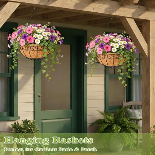 4 Pack 12 Inch Hanging Baskets for Plants Outdoor Metal Hanging Planter Hanging Flower Baskets with Coco Fiber Liners Chain Round Wire Plant Holder Flower Pots(Plaid) - size: 12 Inch, style: Plaid