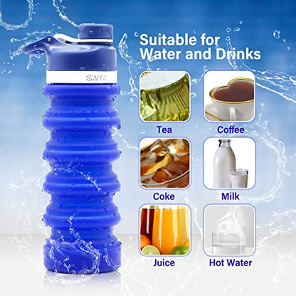ONTA Collapsible BPA Free Silicone Water Bottle, 20oz - Portable, Leakproof, Easy Clean, Shatter Resistant, Travel Friendly - color: Darkblue, size: 18.6 Ounces