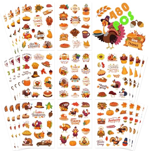 480PCS Happy Thanksgiving Stickers, Thanksgiving Turkey Pumpkin, Fall Decor - style: Thanksgiving