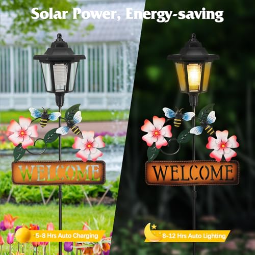 Lewondr Solar Garden Lights Bee, 37.4 Inch Solar Lamp Post Light with Welcome Sign & Bees, Outdoor Waterproof Solar Stake Lights for Yard Porch Patio Pathway Gardening Gifts, 2 Pack - style: Pink Flowers & Bees
